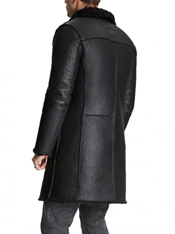 Mens Black Shearling Leather Trench Coat