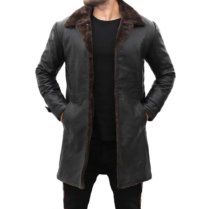 Mens Shearling Lined Black Leather Trench Coat