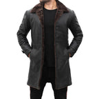 Mens Shearling Lined Black Leather Trench Coat