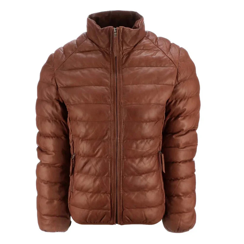 Stylish Mens Puffer Leather Jacket in Brown