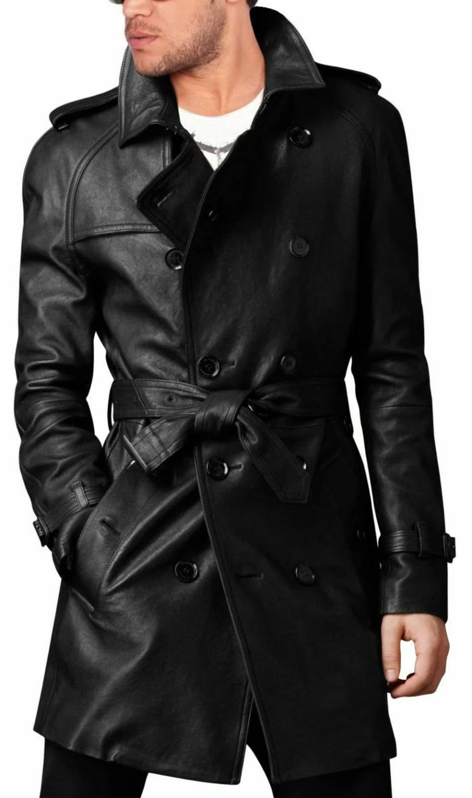 Mens Vintage Black Leather Long Coat