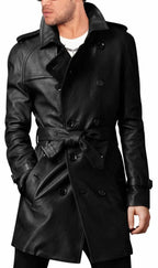 Mens Vintage Black Leather Long Coat