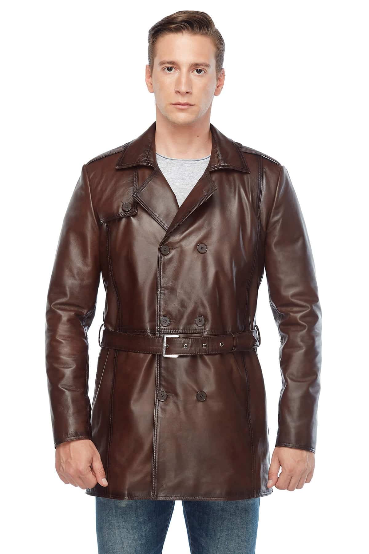 Mens Vintage Brown Leather Trench Coat