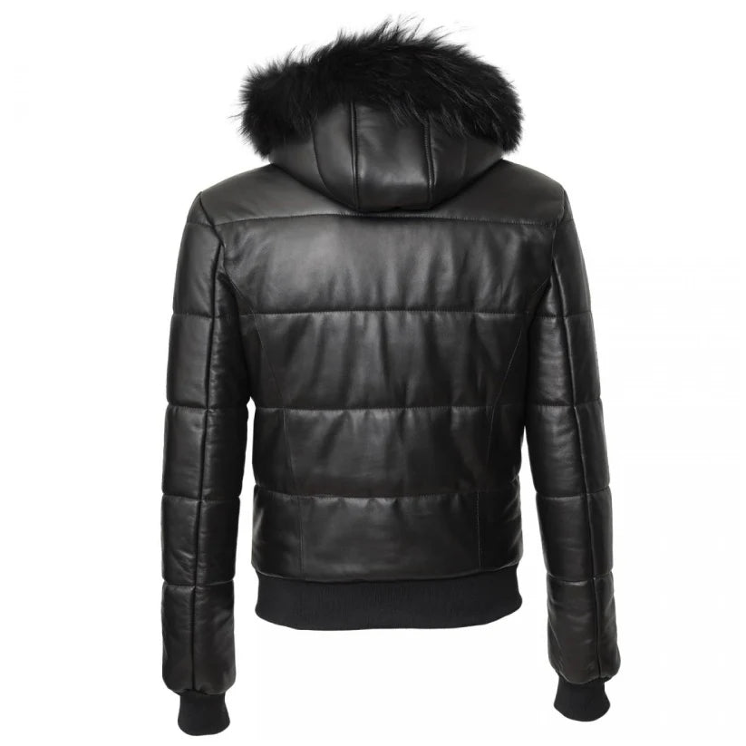 BLack Leather Winter Puffer Jacket Hood and Fur