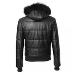 BLack Leather Winter Puffer Jacket Hood and Fur