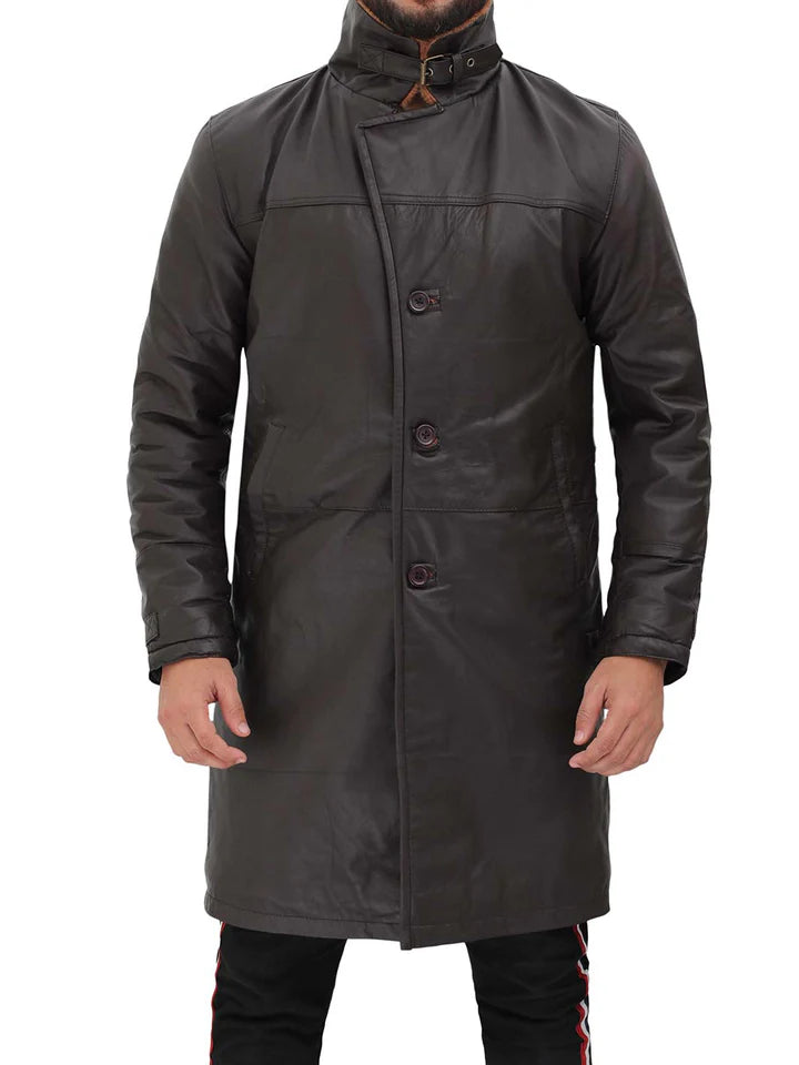 Mens Dark Brown Shearling Leather Trench Coat