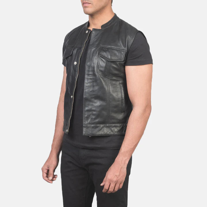 Atlas Moto Black Leather Vest For Mens