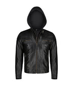 Mens Black Slim Fit Leather Jacket With Hood