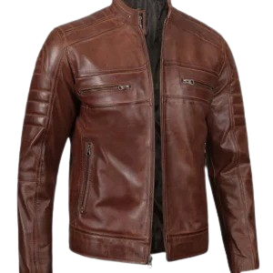 Cognac Brown Cafe Racer Leather Jacket for Men