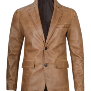 Mens Two Button Camel Brown Leather Blazer