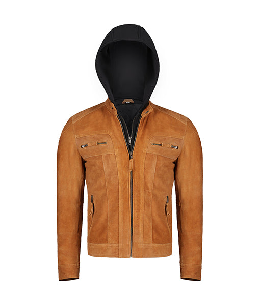 Men’s light Brown Leather Jacket With Hood