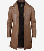 Mens Lambskin Leather Brown Coat - 3/4 Length