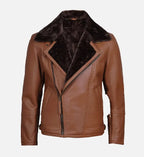 Cognac Leather Shearling Moto Jacket for Men