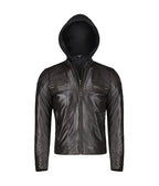 Men’s Slim Fit Brown Leather Jacket With Hood