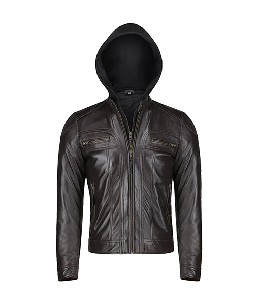 Men’s Slim Fit Brown Leather Jacket With Hood
