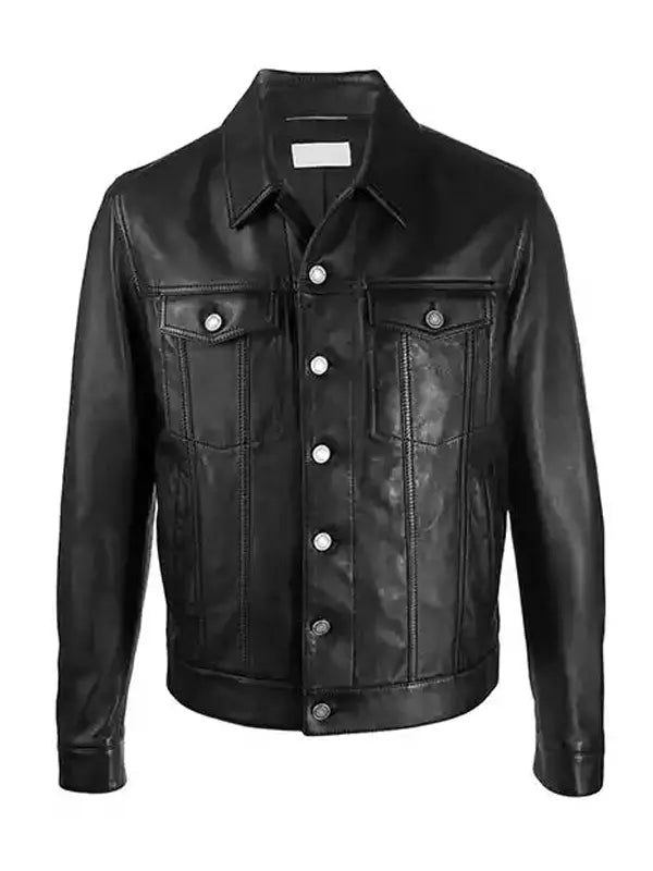 Mens Spy Black Leather Trucker Jacket