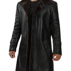 Mens Black Leather Shearling Coat - 3/4 Length