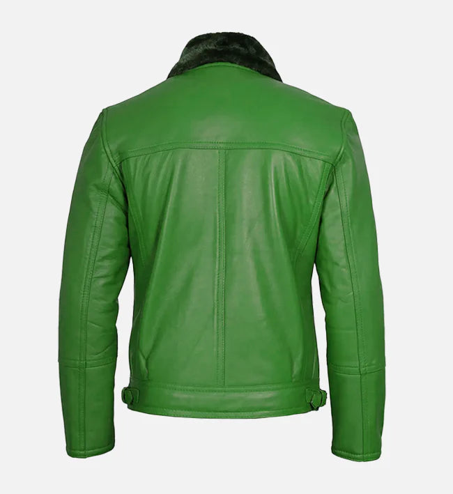 Green Shearling Leather Moto Jacket for Men