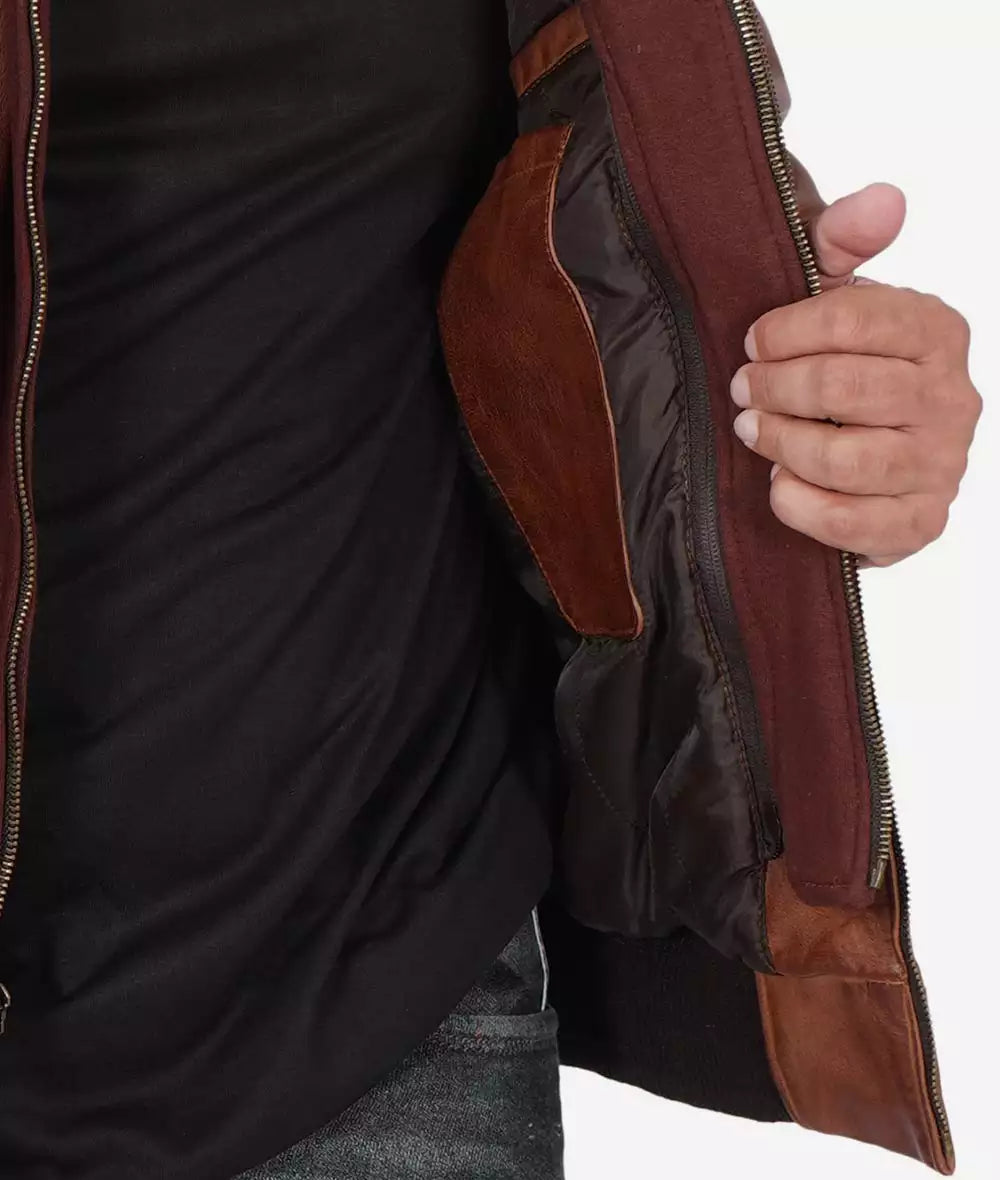 Men’s Hooded Brown Leather Bomber Jacket Tall Fit Edition