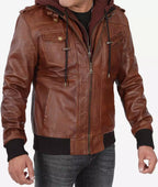 Men’s Hooded Brown Leather Bomber Jacket Tall Fit Edition