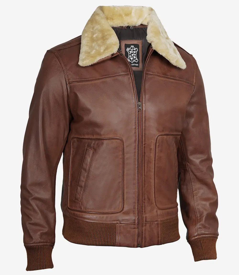 Fur Collar Cognac Leather Bomber Jacket for Men