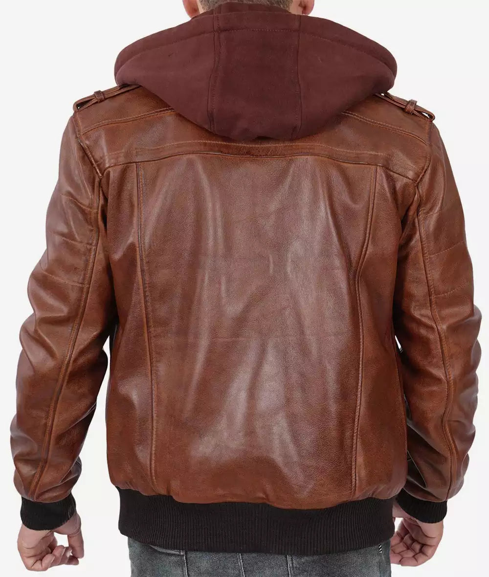Men’s Hooded Brown Leather Bomber Jacket Tall Fit Edition