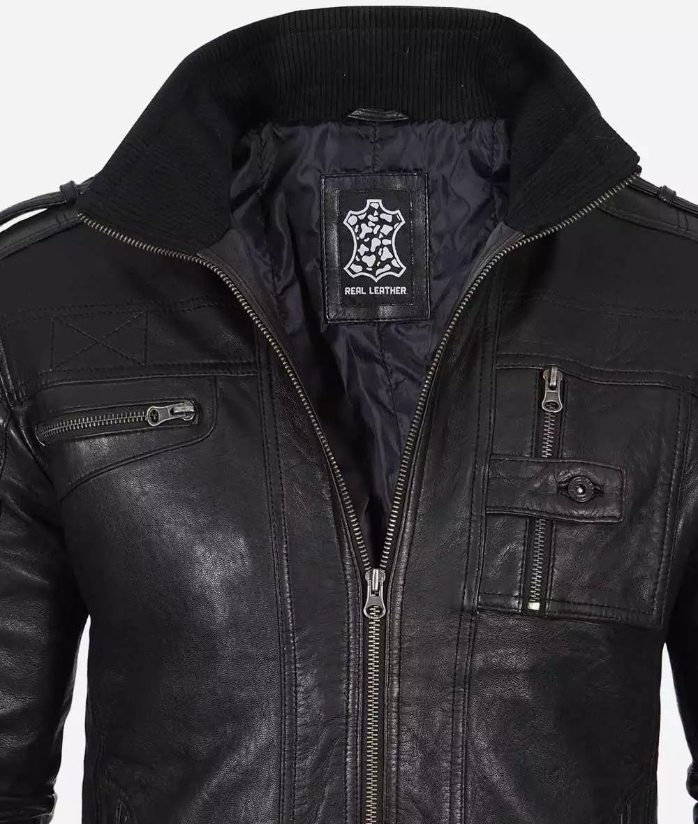 Mens Black Washed Leather Biker Jacket