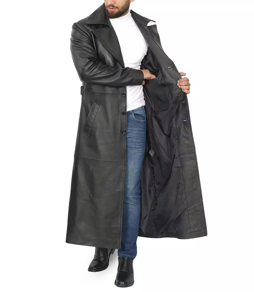 Men's Full-Length Black Leather Duster Coat