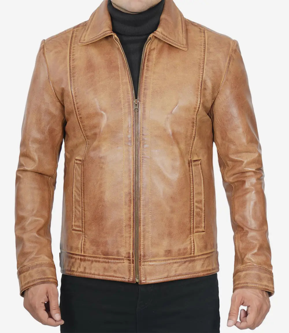 Men’s Vintage Inspired Brown Leather Jacket Classic Shirt Collar