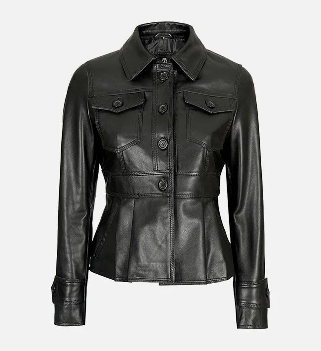 Womens Motorcycle Style Black Leather Trucker Jacket