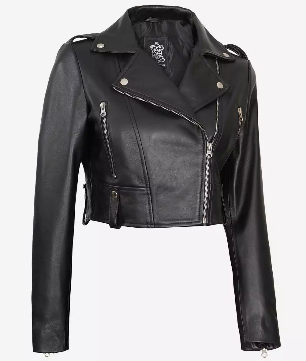 Black Cropped Leather Jacket for Women