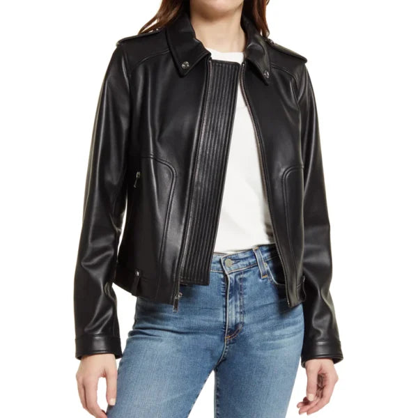 Womens Tall Black Nappa Leather Biker Jacket