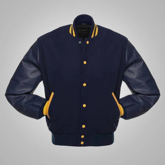 Navy Blue and Yellow Baseball Style Jacket for Men