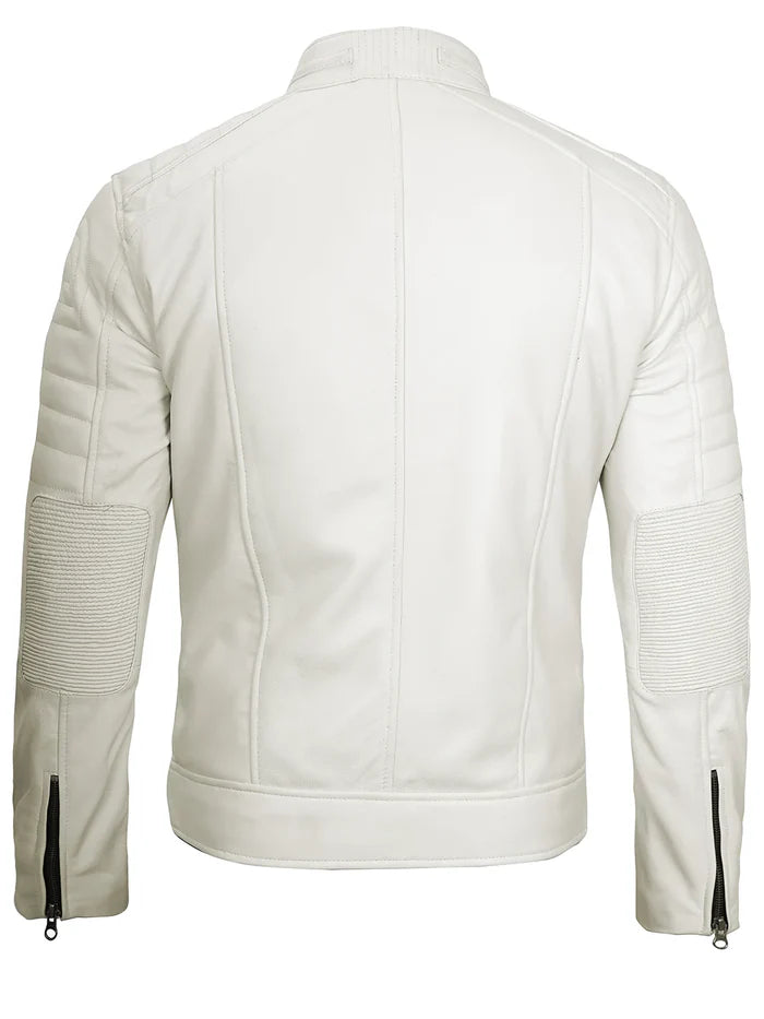 Mens Off White Leather Cafe Racer Jacket