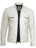 Mens Off White Leather Cafe Racer Jacket