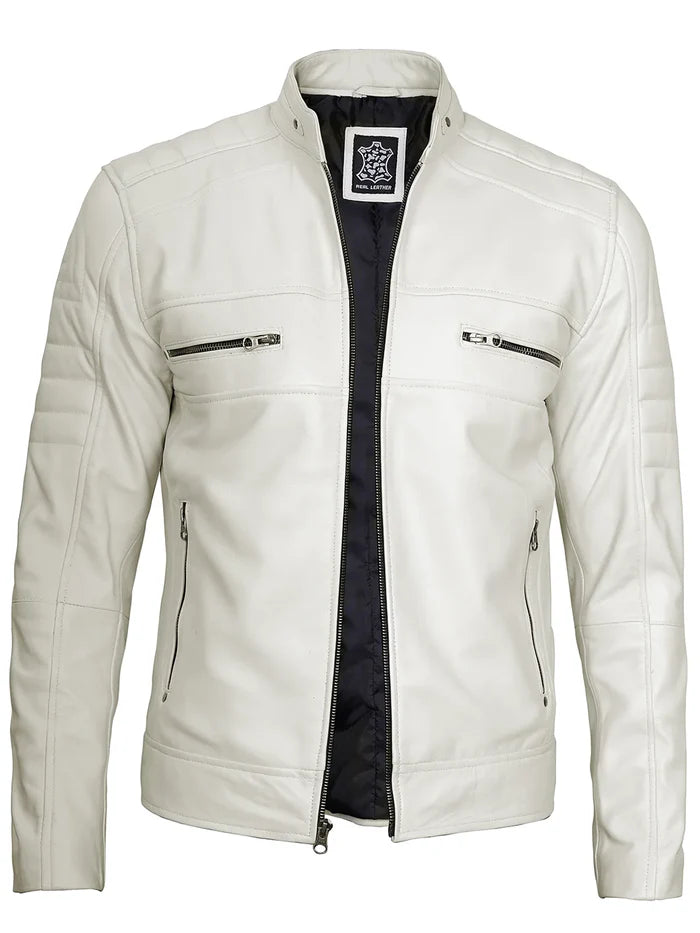 Mens Off White Leather Cafe Racer Jacket