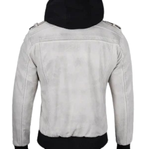 Mens Off White Waxed Leather Jacket with Hood