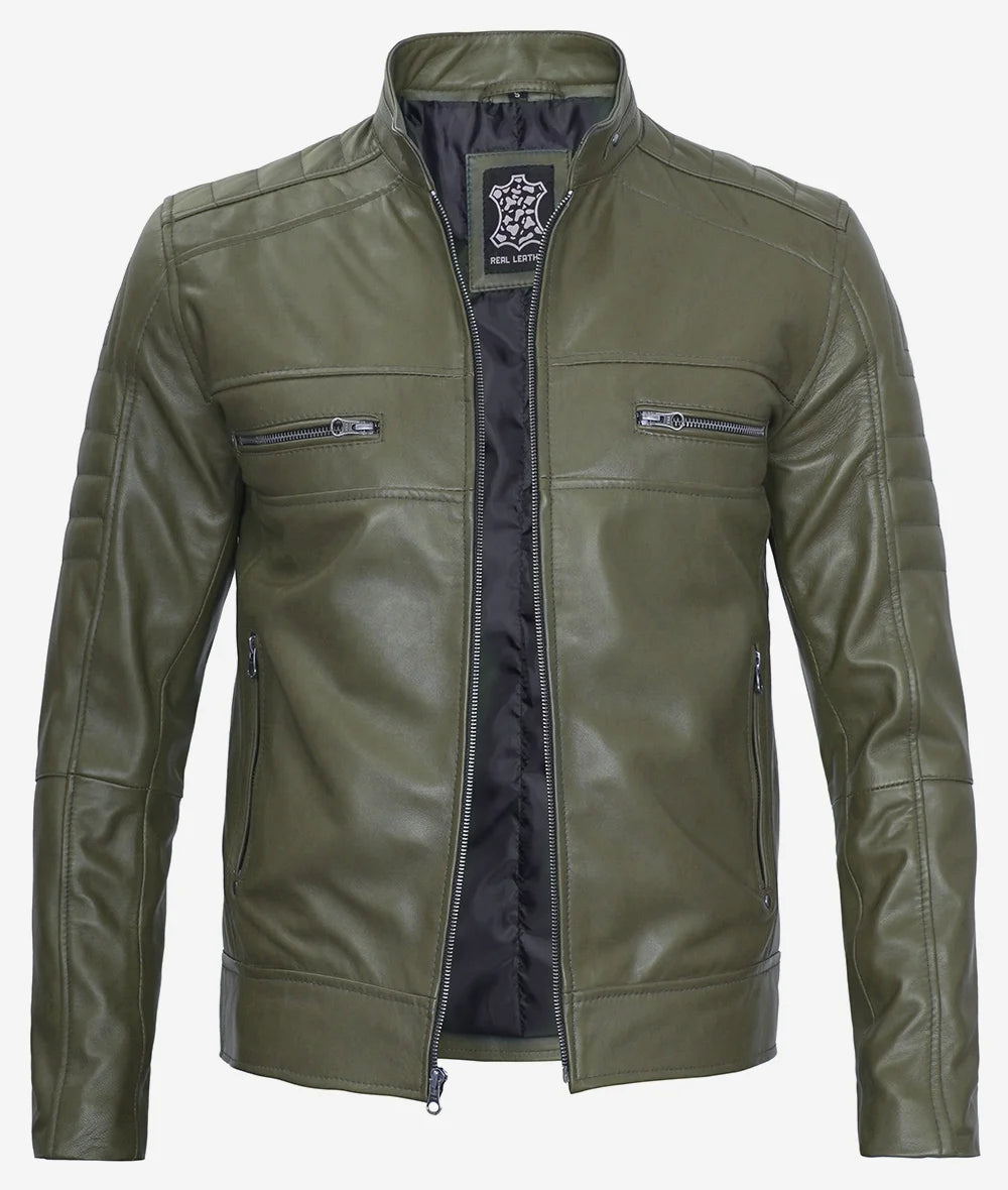 Mens Stylish Olive Green Cafe Racer Jacket