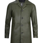 Mens Olive Green Leather Car Coat
