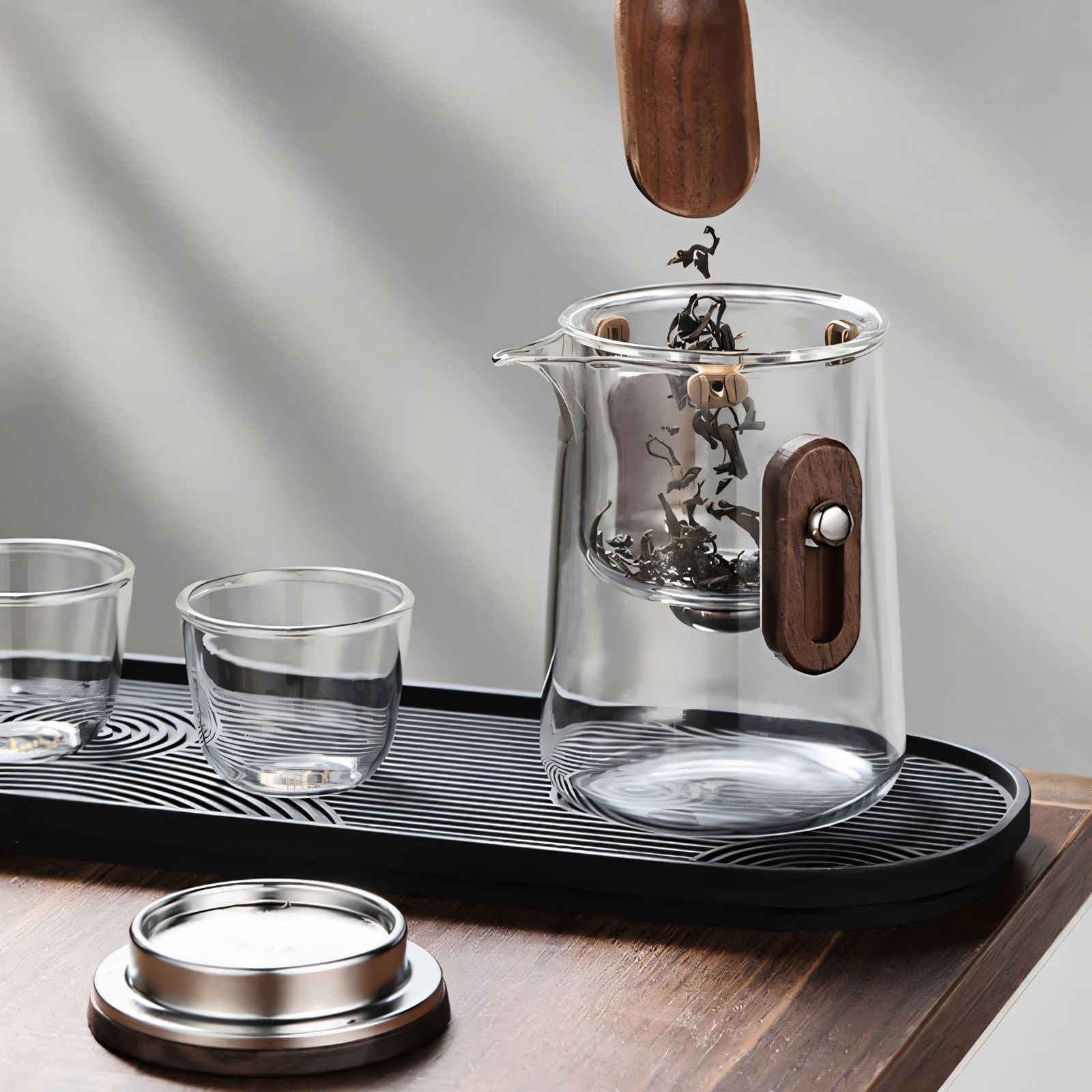 Outdoor tea brewing glass teapot and cups
