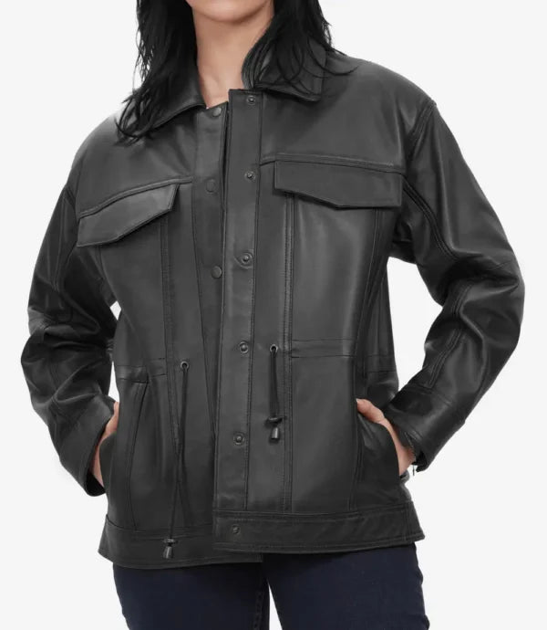 Womens Black Oversized Leather Trucker Jacket
