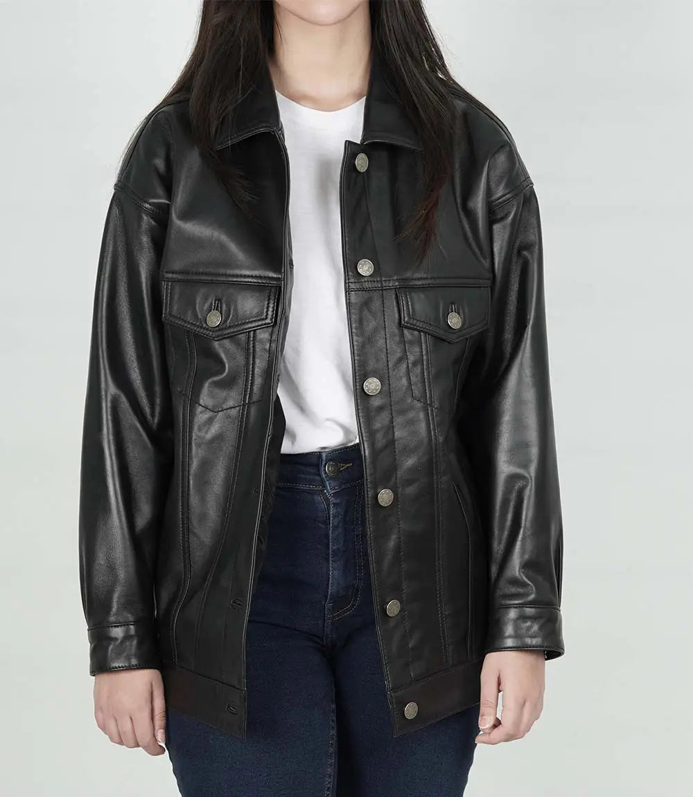 Womens Black Leather Oversized Trucker Jacket