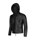 Mens Black Slim Fit Leather Jacket With Hood
