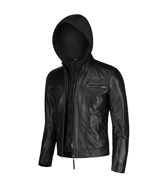 Mens Black Slim Fit Leather Jacket With Hood