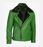 Green Shearling Leather Moto Jacket for Men