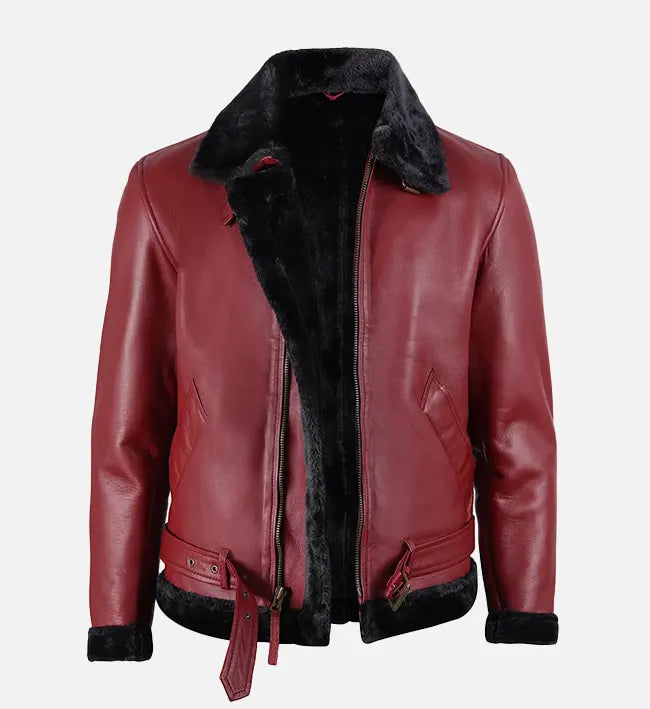Mens Maroon Leather Shearling Jacket