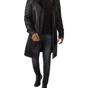 Mens Black Leather Shearling Coat - 3/4 Length
