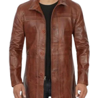 Men's Real Lambskin Brown Leather Cognac Car Coat