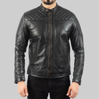 Mens Quilted Black Leather Biker Jacket