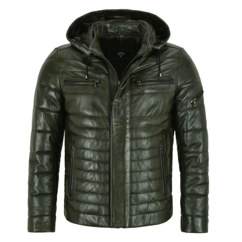 Mens Puffer Real Hooded Leather Jacket